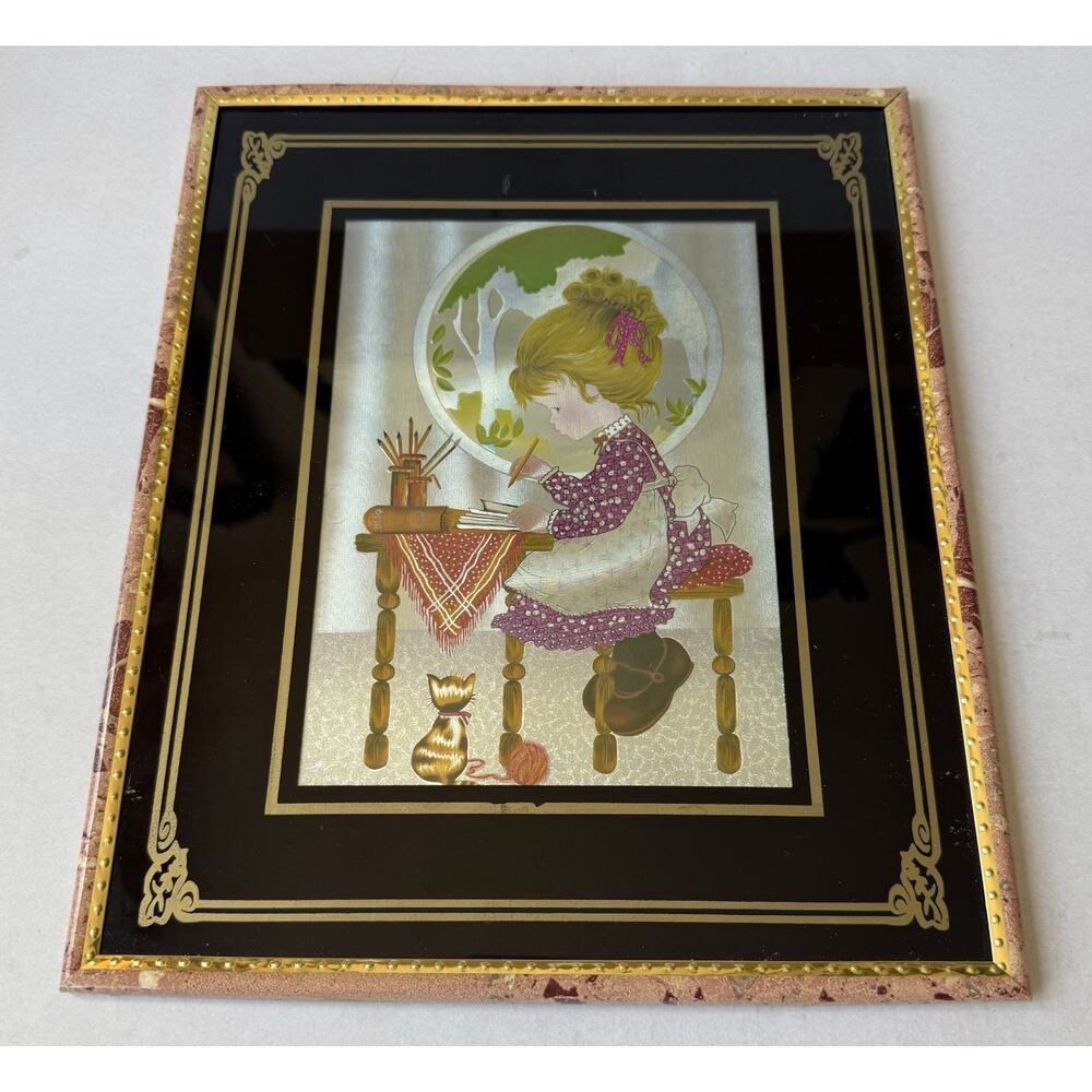 Vintage Silver Foil Art Print Girl At Writing Table Window Kitten Yarn Sarah Kay